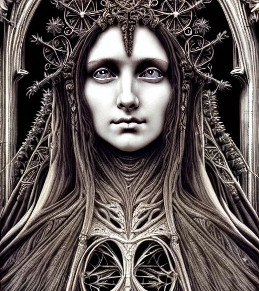 Prompt: hyperrealistic detailed face portrait of a beautiful long haired young goddess morphing into a gothic cathedral, authentic ornamental architecture, art by ernst haeckel, android jones, h. r. giger, gothic, neo - gothic, heavily ornamental,