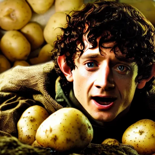 Prompt: frodo from lord of the rings in a burlap sack of potatoes surrounded by potatoes, potatoes, photography, realistic, mid shot, in the shire, cinematic lighting