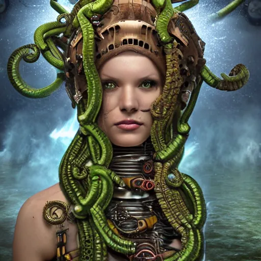 Image similar to photorealistic portrait of a steampunk gorgon medusa with borg implants and mechanical snakes coming out of her head. She is standing under a waterfall. very detailed, 8k