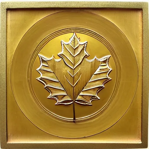 Prompt: ornate engraved carving of ( a large art deco maple leaf in a flat circular inset ) on a square gold panel