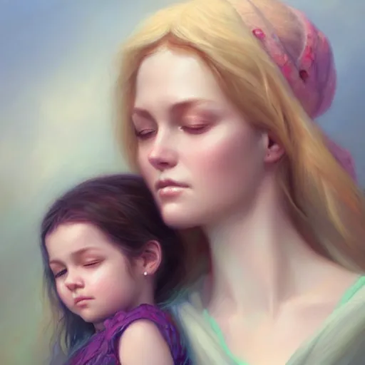 Image similar to love is patient love is kind, mother and child ; photorealistic oil painting by charlie bowater and mark blooms ; highly detailed cute faces by wlop ; trending on artstation