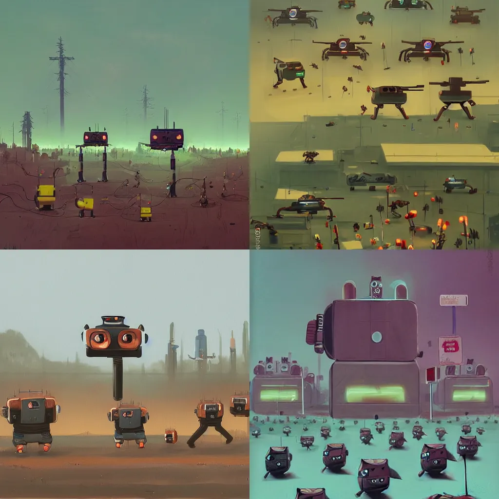 Prompt: cat army fighting robots, style of simon stalenhag