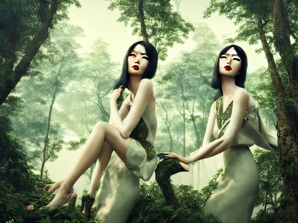 Prompt: innovative avant-garde art, deco fashion, asian women, highly detailed, photorealistic portrait, serene forest setting, crisp quality and light reflections, octane render