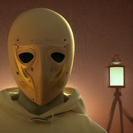 Image similar to 3D render of guy in the mask with the hood in the night city under the glowing lamp digital art pixel