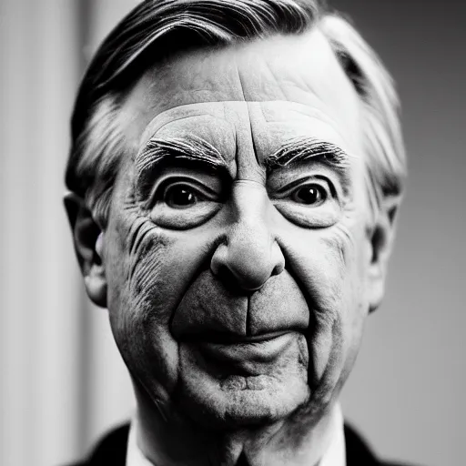 Image similar to symmetrical, close up face portrait of mr rogers, scowling, studio lighting, depth of field, photography, black and white, highly detailed