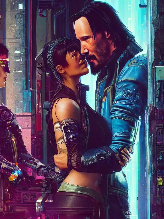 Prompt: a cyberpunk 2077 couple portrait of Keanu Reeves and V began a love story used lots of electric cable connected to giant computer,film lighting,by laurie greasley,Lawrence Alma-Tadema,William Morris,Dan Mumford,trending on atrstation,FAN ART,full of color,Digital painting,face enhance,highly detailed,8K, octane,golden ratio,cinematic lighting