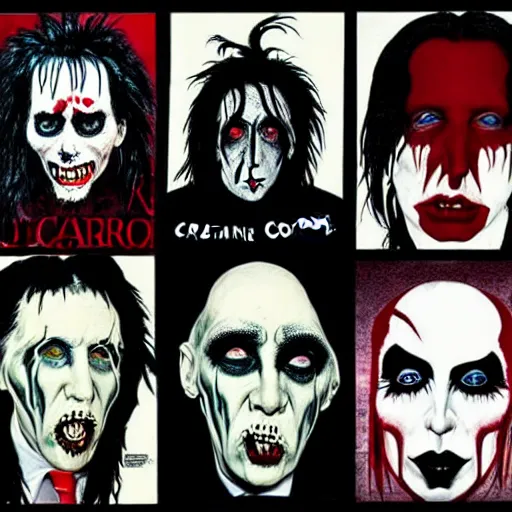 Image similar to graphic illustration, creative design, marilyn manson as alice cooper, biopunk, francis bacon, highly detailed, hunter s thompson, concept art