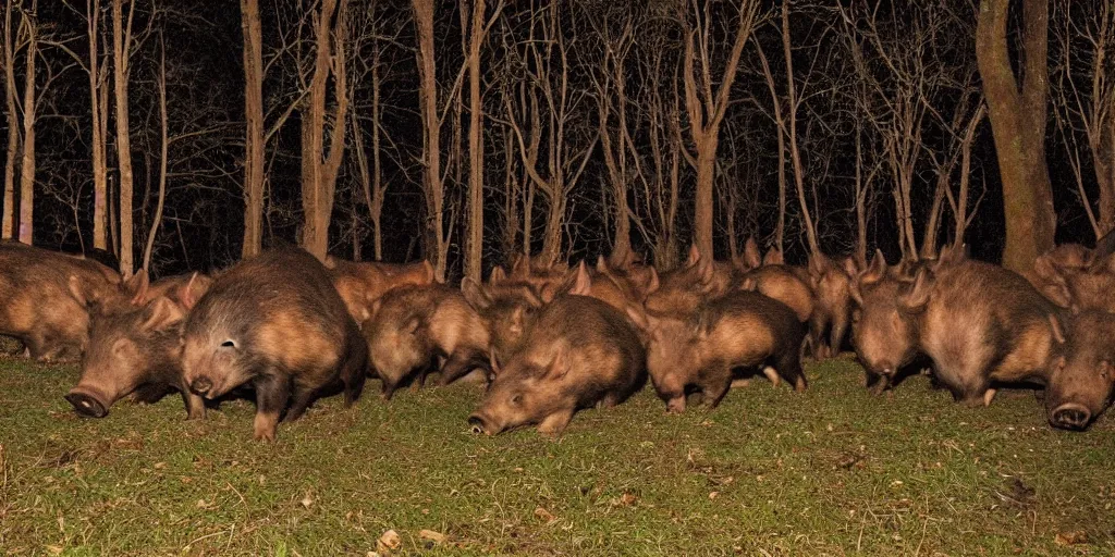 Prompt: a trap camera night photo of a big group of wild boars in a forest, real, photography
