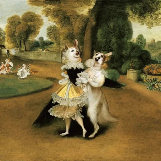 Image similar to oil painting by watteau of two corgis dancing in a formal garden.