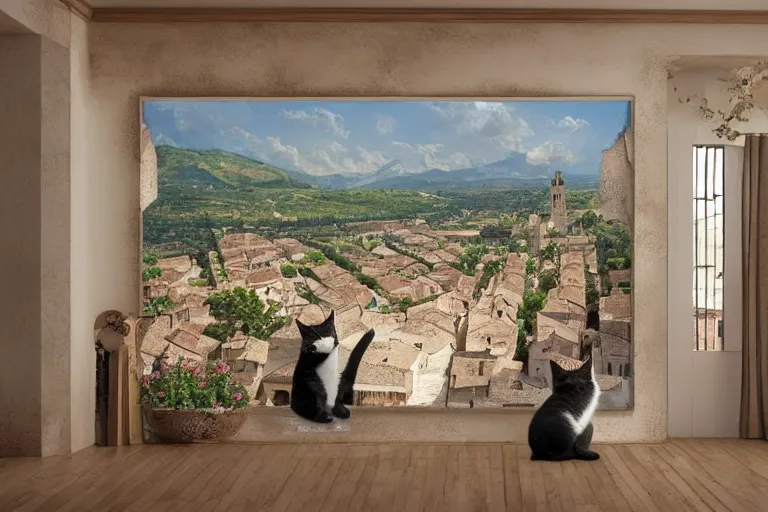 Image similar to a very very very very detailed matte painting of wide angle view on Cute Cat in Provence style Room,