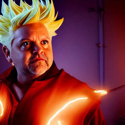 Image similar to uhd candid photo of jason alexander as a super sayian, glowing, global illumination, studio lighting, radiant light, detailed, correct face, elaborate intricate costume. photo by annie leibowitz