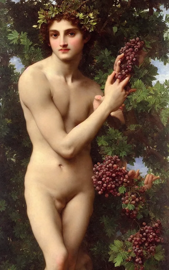 Prompt: portrait of Dionysus with leaves and grape in hair by Bouguereau