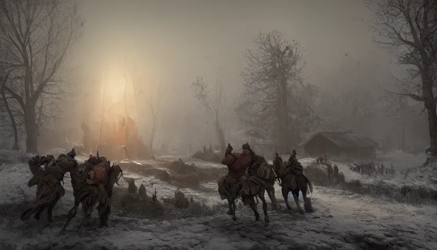 Image similar to four knights fighting in the old foggy village near a well, one knight in the foreground, three knight in the middleground, painted in the style of stepan alekseev chosac, winter, dark atmosphere, highly detailed, uplight, 8k, unreal engine, octane rendered, wow