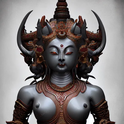 Image similar to naraka Buddhist demon korean female, highly detailed, symmetrical long head, smooth marble surfaces, detailed ink illustration, raiden metal gear, cinematic smooth stone, deep aesthetic, concept art, post process, 4k, carved marble texture and silk cloth, latex skin, highly ornate intricate details, in the style of 88grzes