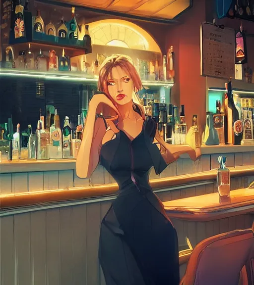 Image similar to pretty woman in a bar, by wlop, rain, poster, anime key visual, artstation