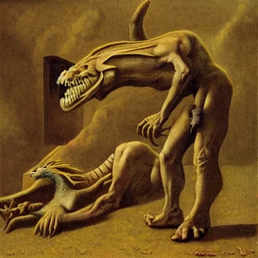 Image similar to the beast and dragon adored, ,colorful, by Odd Nerdrum, by M.C. Escher, beautiful, eerie, surreal