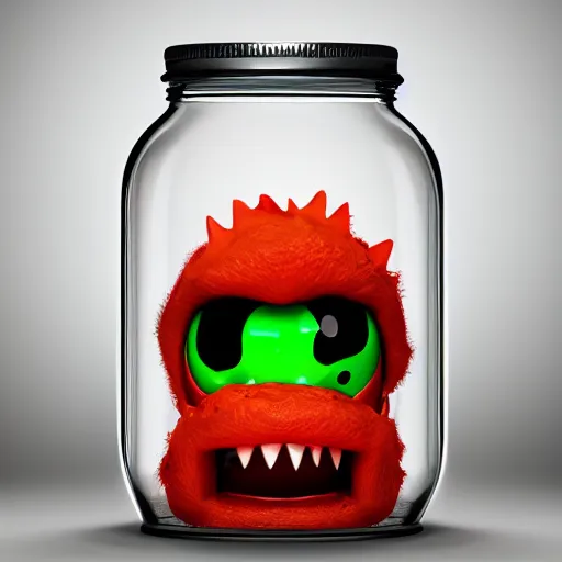 Prompt: Evil monster in a jar by Mike Francini, product photography, centered, studio lightning