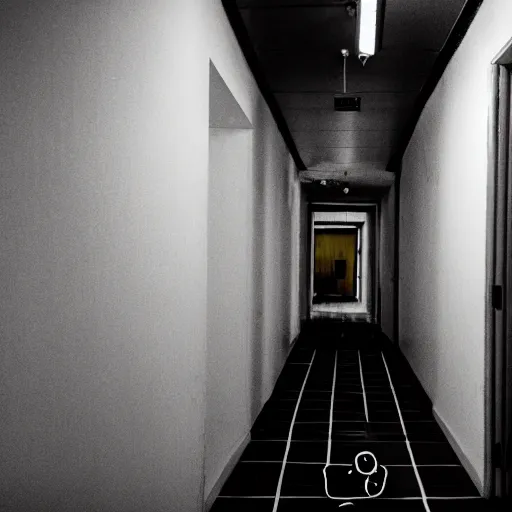 Image similar to found footage of a horrifying creepy narrow hallway with a glowing smiley face at the end, liminal space, very dark lighting, horror scene