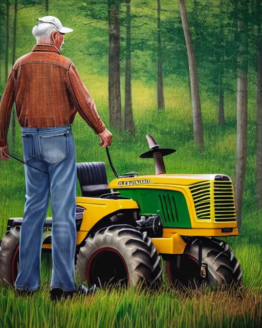 Image similar to old man in denim sat fishing in a wooded area with a john deere tractor in foreground, ultra realistic, concept art, intricate details, highly detailed