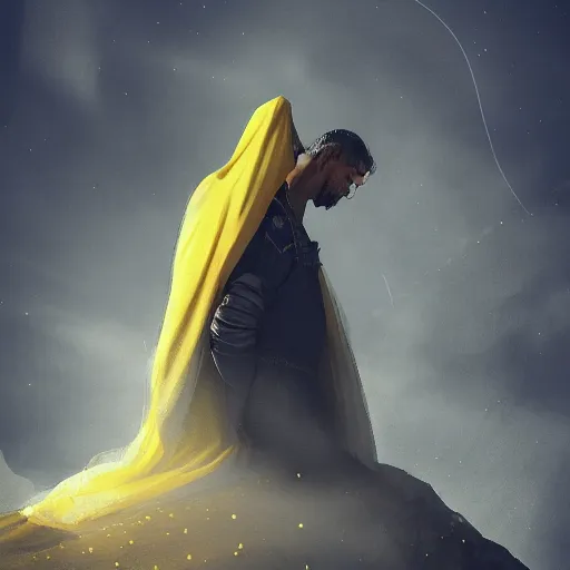 Image similar to A terrified catholic priest in his twenties kneeled in fervent prayer at the summit of a medieval tower. Looking up with eyes wide open with fear, looking straight at the viewer. Dressed in white. An ominous yellow shadow is descending upon him from the night sky. Award-winning digital art, trending on ArtStation