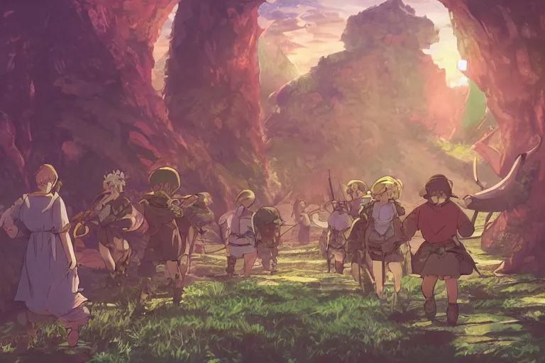 Image similar to cell shaded key visual of a group of adventurers being ambushed by monsters in a dungeon, in the style of studio ghibli, moebius, makoto shinkai,