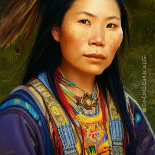 Image similar to portrait of an aboriginal taiwanese amis pangcah woman ( 3 5 ) from taiwan in 2 0 2 1, an oil painting by ross tran and thomas kincade