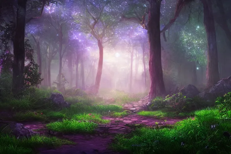 Image similar to An enchanted forest at night, beautiful landscape, fantasy-style, cinematic lighting, photorealism.