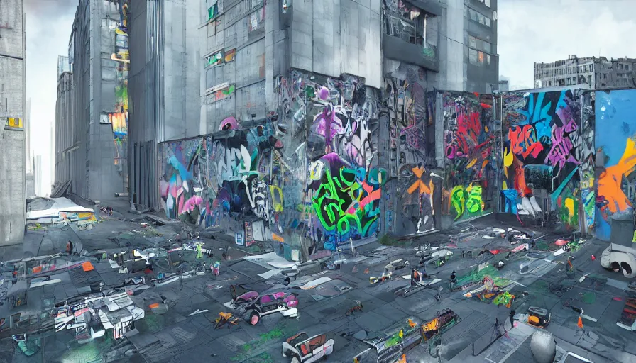Image similar to urbanpunk - graffiti artists creating a mural on a building in a high - tech, futuristic inner city 0 f new york, urbanpunk youth, fashionable street clothing, spray cans, friends, blacklight graffiti street art, octane render, unreal 5, 8 k digital art, highly detailed, in the style of boondocks