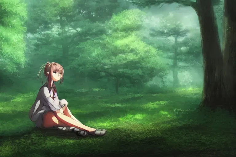 Prompt: a beautiful anime girl sitting in the forest, clouds, green lighting, misty, foggy, early morning, digital art,