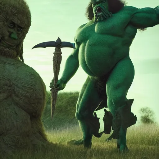 Image similar to still from a movie with cutting edge practical effects, giant humanoid troll with light green skin and big nose, muscular, wearing long fur toga and holding sword in the foreground, mastadons in the background, highly textured, fantasy, D&D, HDR, dramatic light, shallow depth of field