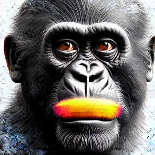 Image similar to Very funny Joe Biden as a dump looking monkey, like gorilla, colorful painting on grey scale face, powerful , magic, thunders, dramatic lighting, intricate, wild, highly detailed, digital painting, artstation, concept art, smooth, sharp focus, illustration, art by artgerm and greg rutkowski and alphonse mucha, footage