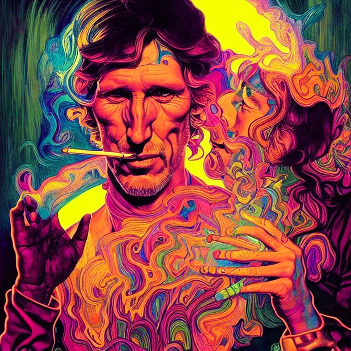 Prompt: bright psychedelic portrait of roger waters smoking dmt, diffuse lighting, fantasy, intricate, elegant, highly detailed, lifelike, photorealistic, digital painting, artstation, illustration, concept art, smooth, sharp focus, art by john collier and albert aublet and krenz cushart and artem demura and alphonse mucha