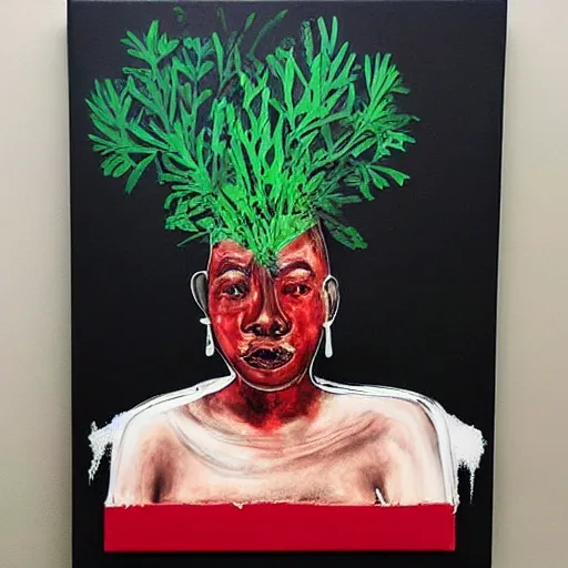 Prompt: “ a portrait in a black apartment, sensual, a pig theme, art supplies, paint tubes, ikebana, herbs, a candle dripping white wax, squashed berries, berry juice drips, acrylic and spray paint and oilstick on canvas, surrealism, neoexpressionism ”