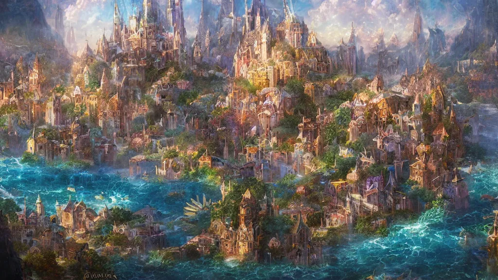 Prompt: fantasy floating city made of crystals sapphires jade and crystals, medieval, cinematic, architecture visualisation, academic painting, oil, landscaoe