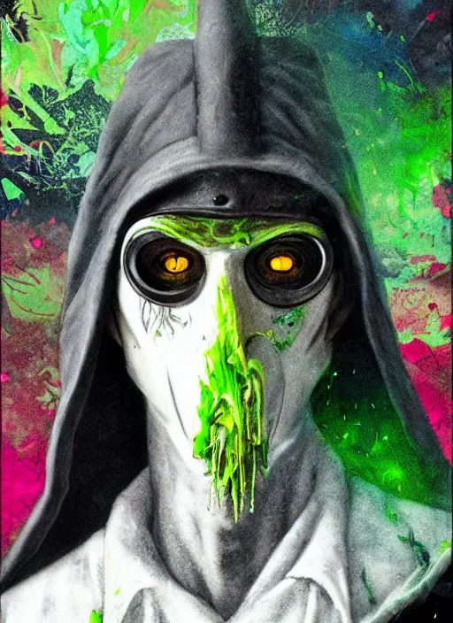 Image similar to a Demon Slayer portrait of a Plague Doctor, tall, pale-skinned, slender with lime green eyes, by Stanley Artgerm, Tom Bagshaw, Arthur Adams, Carne Griffiths, trending on Deviant Art, street art, face enhance, chillwave, maximalist, full of color, glittering