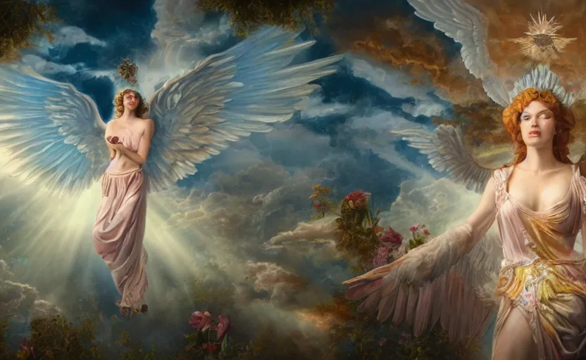 Image similar to a painting of an angel surrounded by angels, a detailed matte painting by david lachapelle, cgsociety contest winner, magical realism, angelic photograph, god rays, mystical