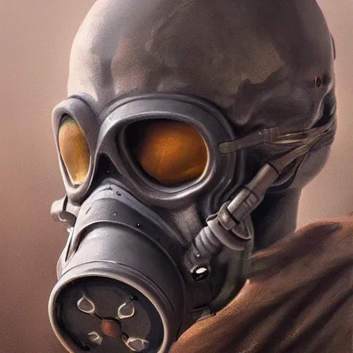 Image similar to a portrait painting of a skull wearing a gasmask, digital painting, hyper realistic, very detailed, in the style of greg rutkowski,