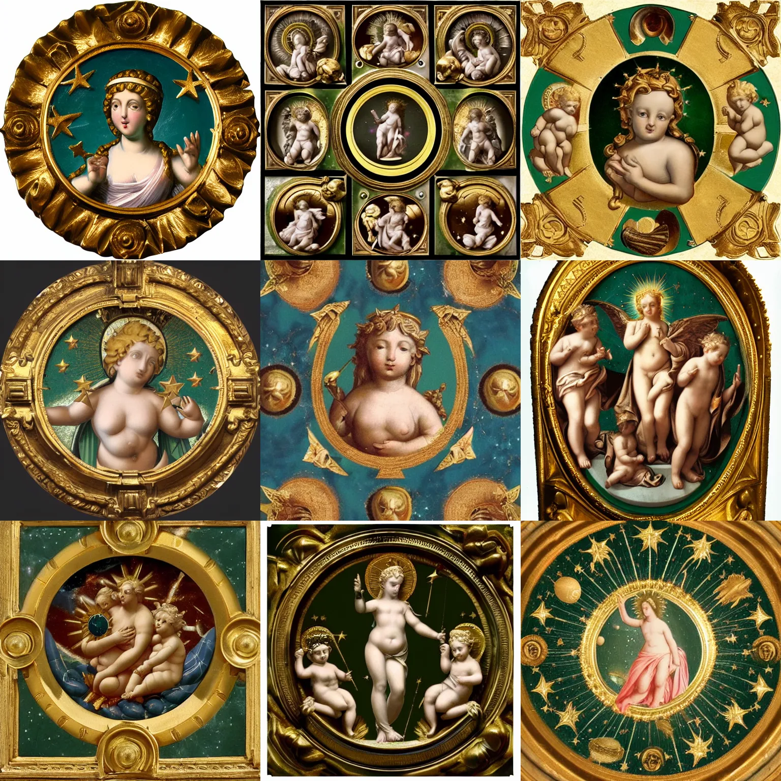 Image similar to Saint Woman, Putti, Venus, Athena, Sistina, baroque, marble and gold, stars, space, sun, deep green, bronze