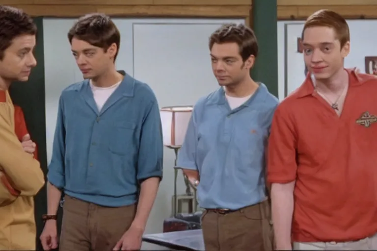 Prompt: topher grace in that 7 0 s show meeting tobey maguire and eminem, screencap, 4 k