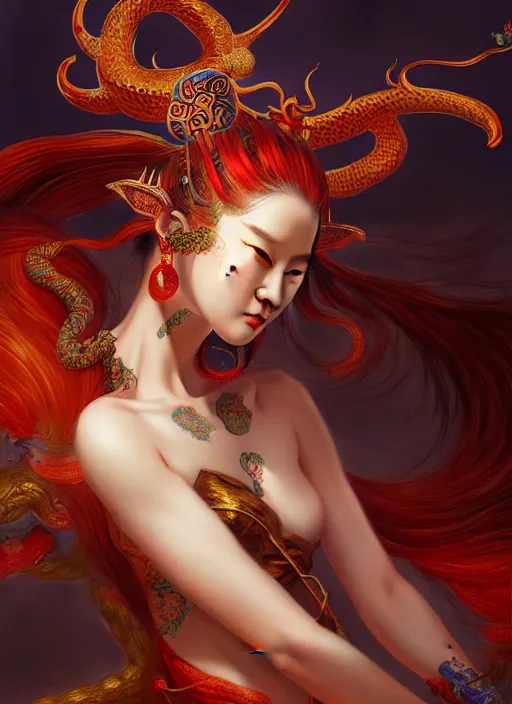 Image similar to chinese mythical beast bai ze, hell background, diffuse lighting, fantasy, intricate, highly detailed, lifelike, photorealistic, digital painting, artstation, illustration, concept art, smooth, sharp focus, art by john collier and albert aublet and krenz cushart