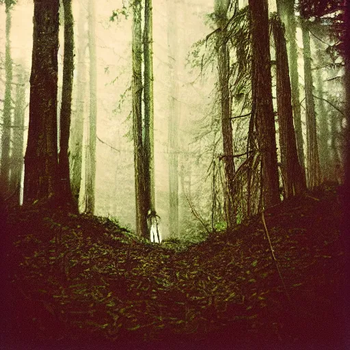 Image similar to skinwalker in a forest, blurry photo, polaroid, expired film,