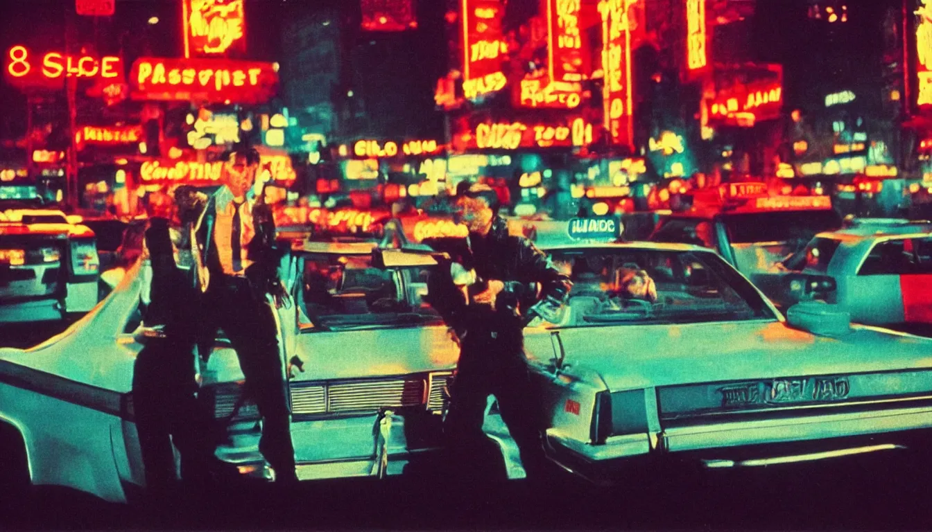 Image similar to 8 0 s polaroid photo, cinema still from movie taxi driver, sleazy man watching night streets, neon signs, colorful haze, americana, high production value, 8 k resolution, hyperrealistic, photorealistic, high definition, high details, tehnicolor, award - winning photography, masterpiece, amazing colors