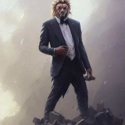 Image similar to A portrait of Lion, in a suit, fantasy art, art by greg rutkowski, matte painting, trending on artstation