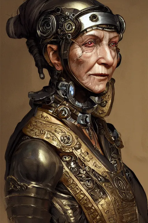 Image similar to portrait, headshot, digital painting, of a old 17th century, old lady cyborg merchant, amber jewels, baroque, ornate clothing, scifi, futuristic, realistic, hyperdetailed, chiaroscuro, concept art, art by Waterhouse