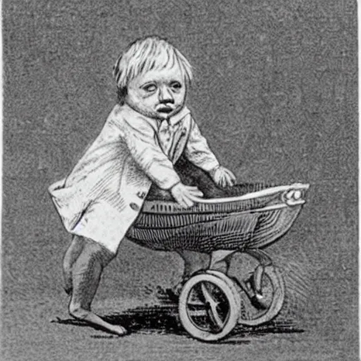 Prompt: victorian medical illustration of boris johnson as a baby in a pram