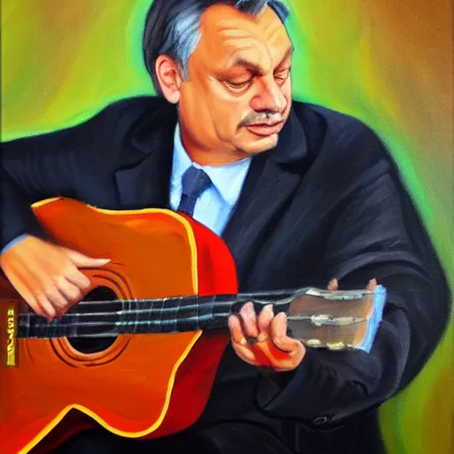 Image similar to viktor orban playing the guitar, oil painting