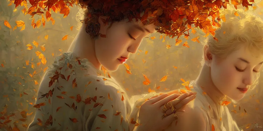 Prompt: breathtaking detailed concept art painting art deco pattern of short hair curly blonde goddesses faces amalgamation autumn leaves, by hsiao - ron cheng and volegov, bizarre compositions, exquisite detail, extremely moody lighting, 8 k