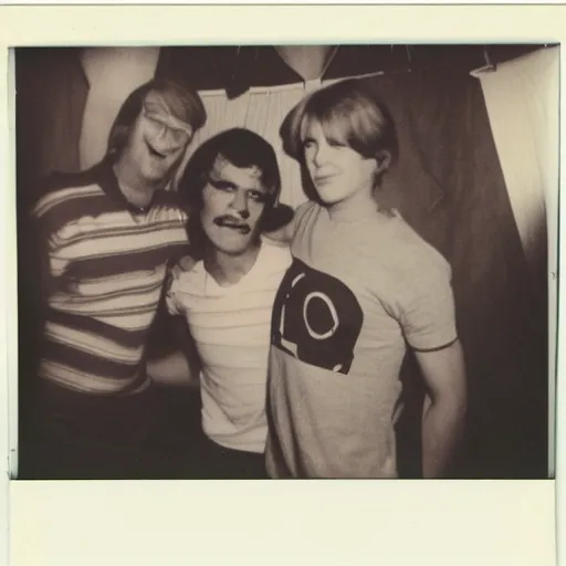 Prompt: a Polaroid photo of a 1980 party in a student apartment