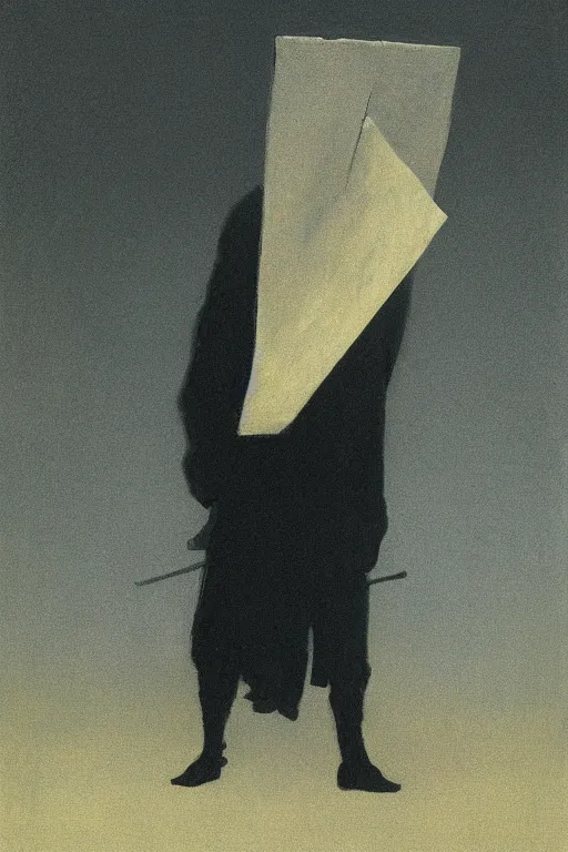 Prompt: dark figure with paper bag over the head and sword in the style of Edward Hopper and Francis Bacon and James Gilleard, Zdzislaw Beksinski, highly detailed