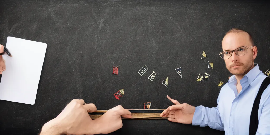 Image similar to male accountant examining the mysteries of tarot cards on a blackboard, background is chalk and blackboard, matte painting, high quality